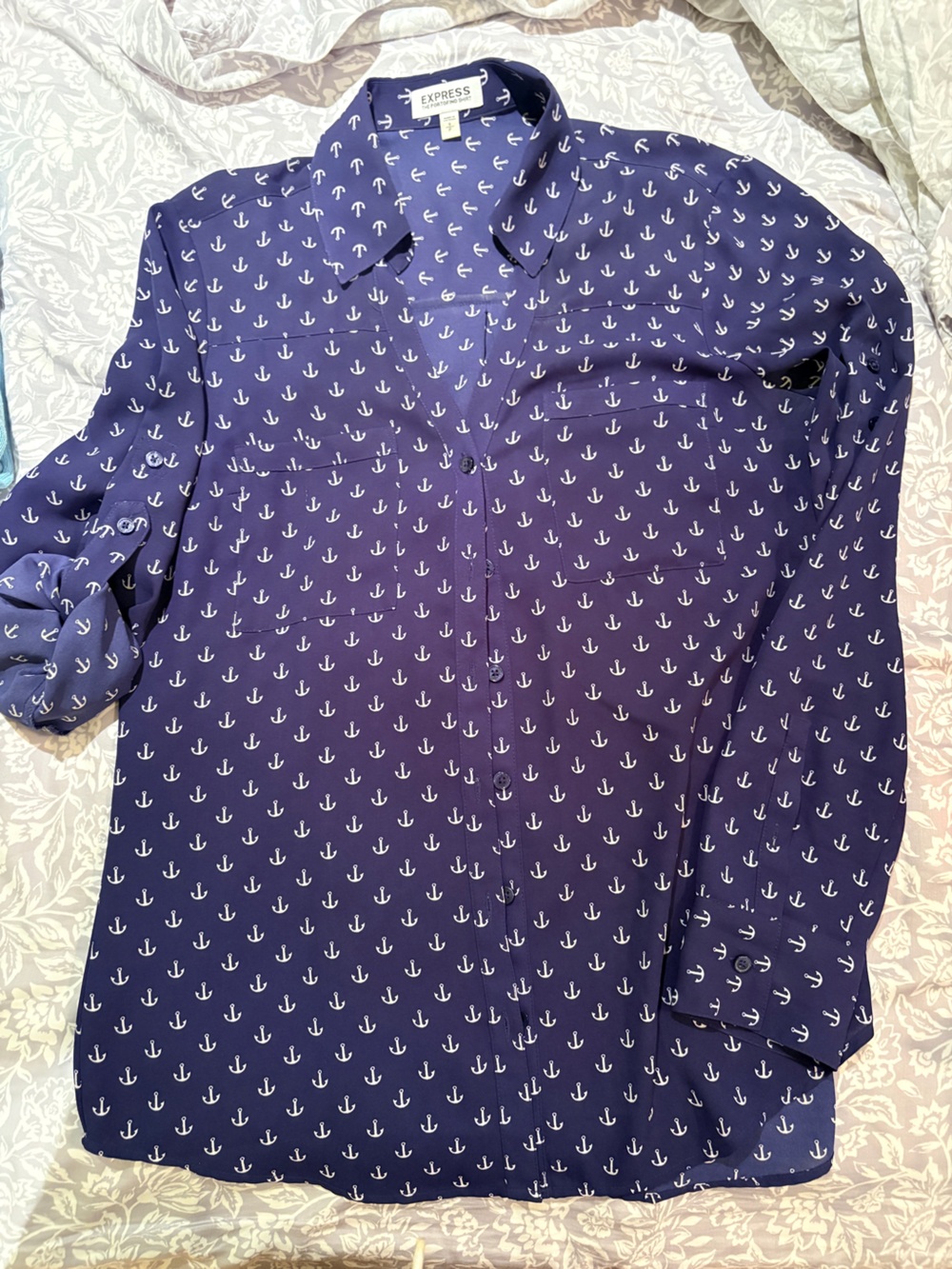 BOGO Express Navy Button-Down Shirt with White Anchor Print